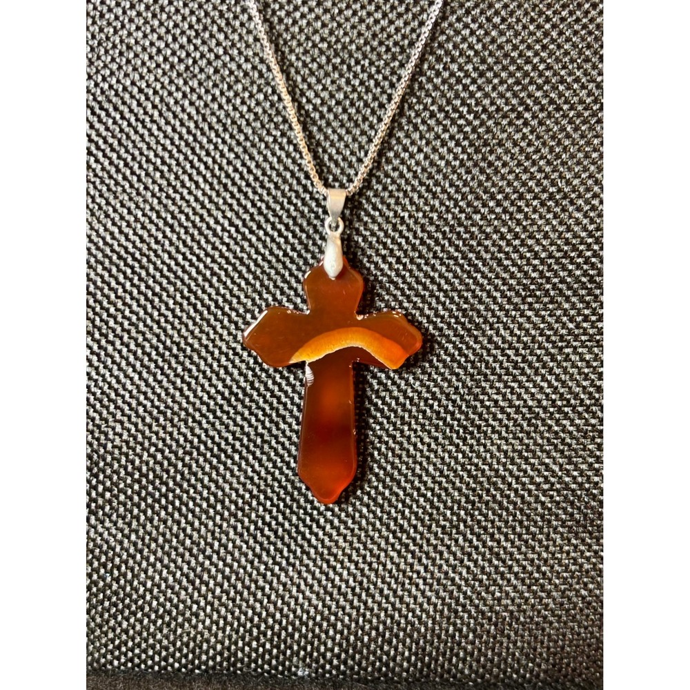 Carnelian Agate Cross Necklace Stainless Steel Box Chain Orange Stone Pendant